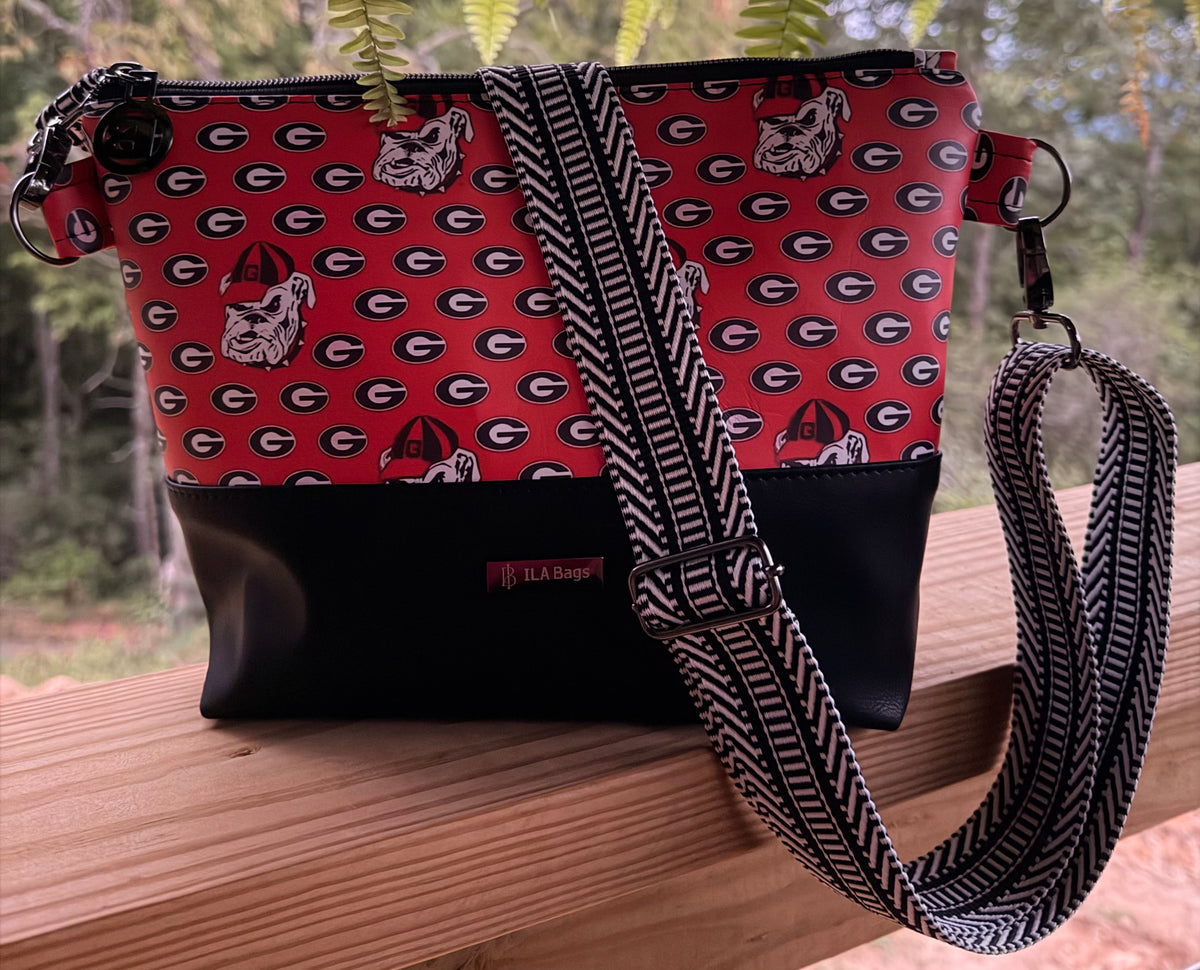 Alyssa XL Crossbody Bag with red Georgia Bulldogs design and adjustable strap, perfect for everyday use.
